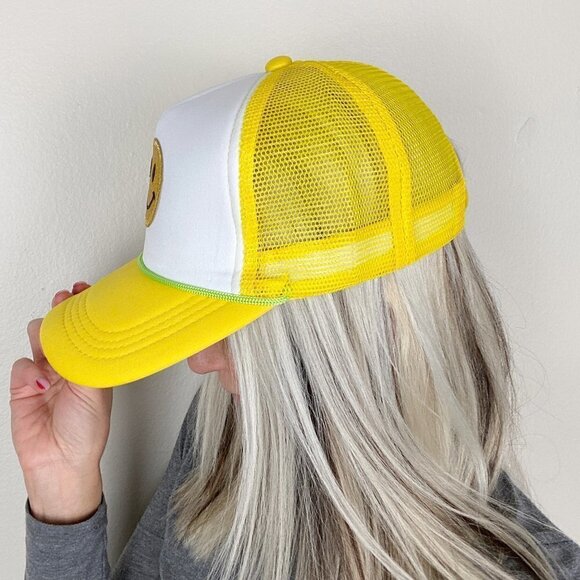 Yellow White Smiley Face Retro Trucker Snapback Hat Cap - Picture 3 of 15